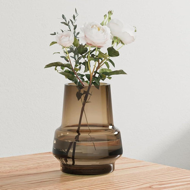 Relexome Amber Glass Vase Bud Flower Vase with Modern Design, Brown Wide Mouth Decorative Vase Gift for Home Decor, Living Room, Dining Table, Entryway, Shelf, Wedding, Office, 7.3 Inch (Amber)