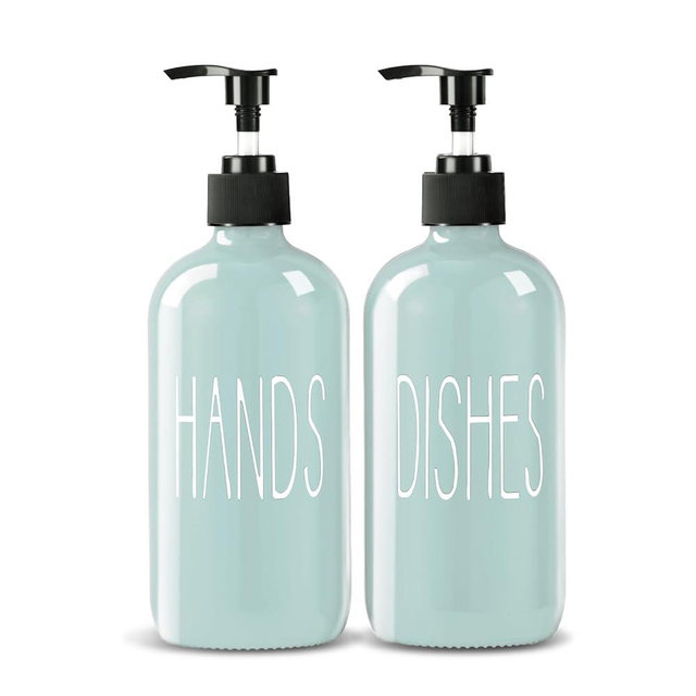 COHOSEGE Glass Soap Dispenser Set 2 Pack,16 Oz Dish Soap Dispenser for Kitchen Sink,Green Kitchen Accessories and Kitchen Decor,Green Decorations and Kitchen Utensils for Kitchen
