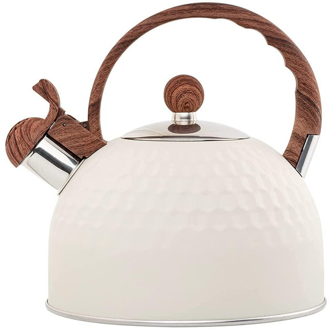 Whistling Stainless Steel Tea Kettle with Wood Grain Anti Heat Handle, Cylindrical Wood Grain Stainless Steel Cover, 2.6 Quart/2.5 Liter, White