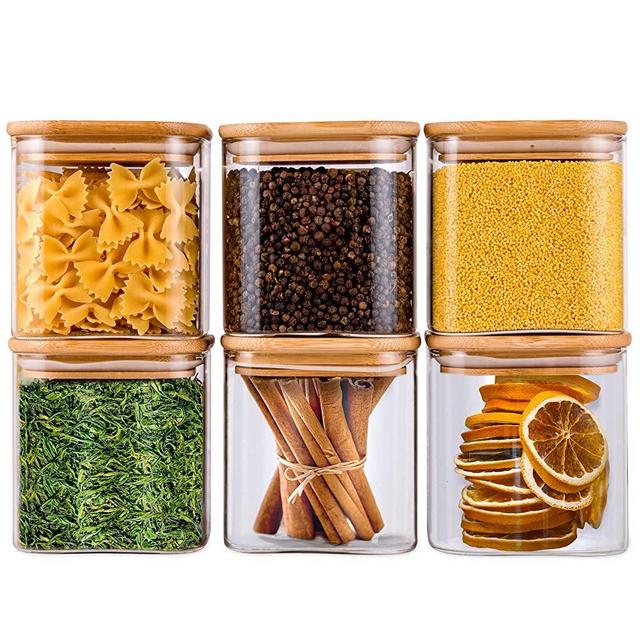 Laramaid 27oz 6Packs Glass Jars Set, Square Pantry Jars with Bamboo Lids and Customized Labels, Food Storage Containers for Home, Kitchen and Pantry