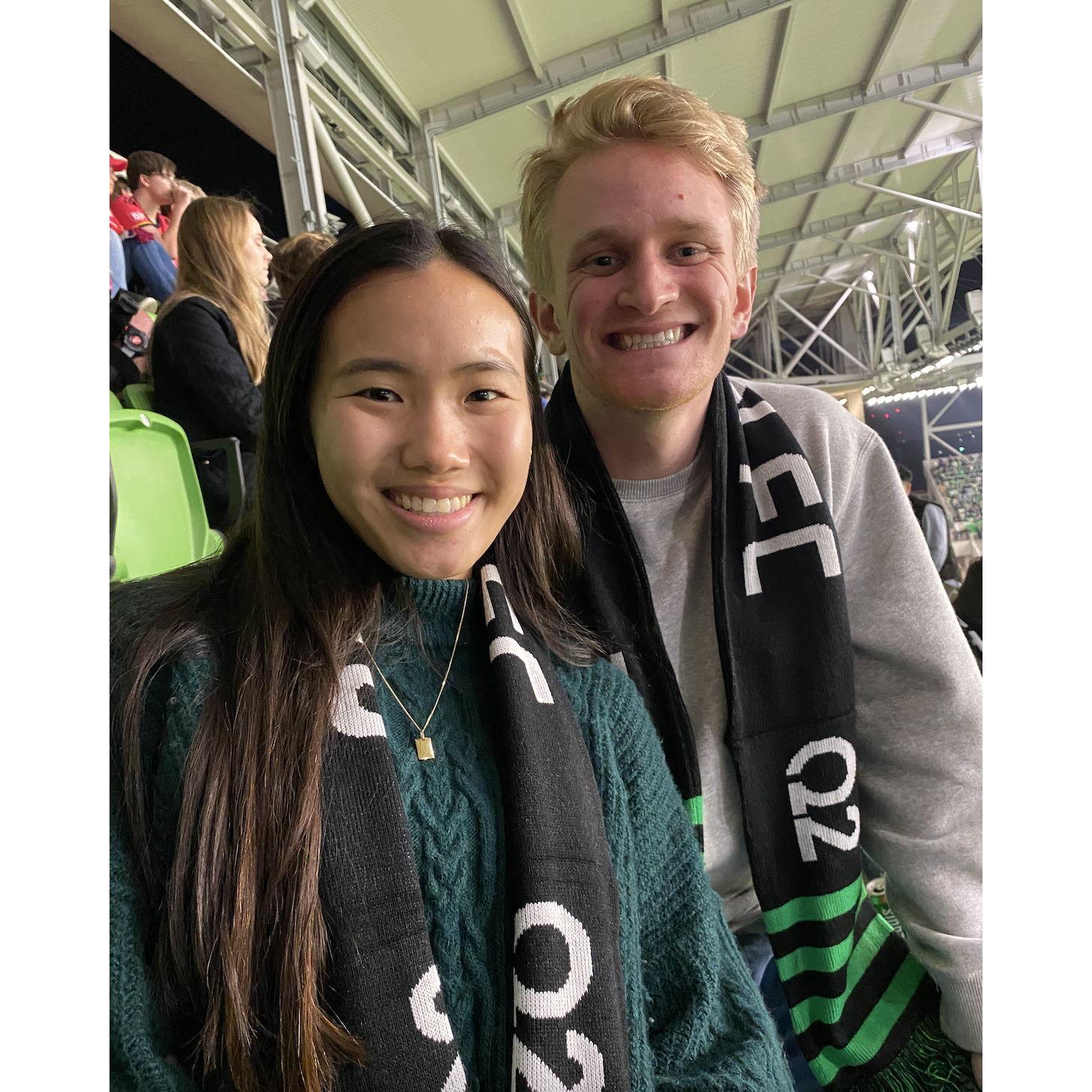 February 2023, we went to an Austin FC Soccer game with Lia's family! We went to the first game of the season so we got free scarves!