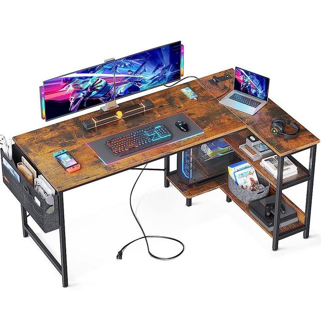 ODK 55 Inch Small L Shaped Gaming Computer Desk with Power Outlets, Reversible Storage Shelves & PC Stand for Home Office, Simple Writing Study Table with Storage Bag for Small Space, Vintage