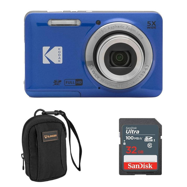 KODAK PIXPRO FZ55-BK 16MP Digital Camera 5X Optical Zoom 28mm Wide Angle 1080P Full HD Video 2.7" LCD Vlogging Camera. Bundle with SD Card and Slinger Camera Bag (Blue)