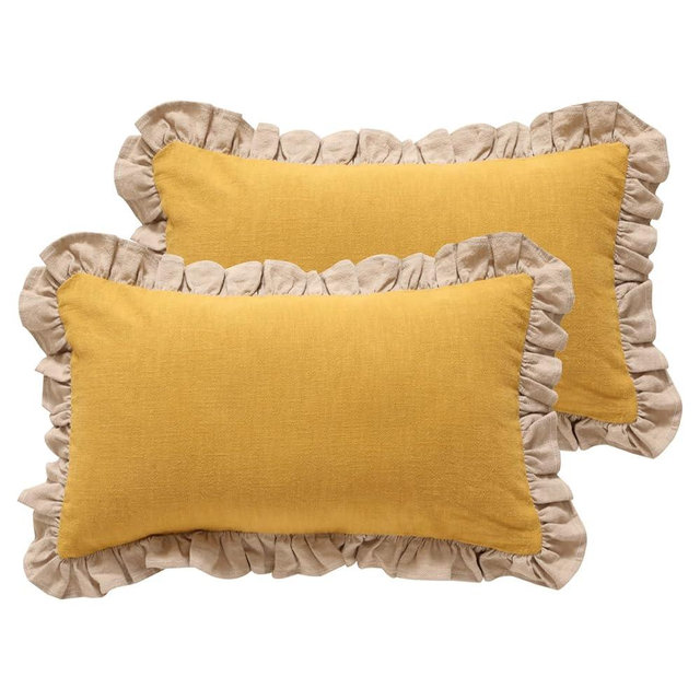 patdrea Yellow Shabby Chic Decorative Throw Pillow Covers 12x20 Set of 2,Farmhouse Linen Pillow Covers with Ruffles,Rectangle Sturdy Throw Pillow Case for Couch Sofa Bed Living Room