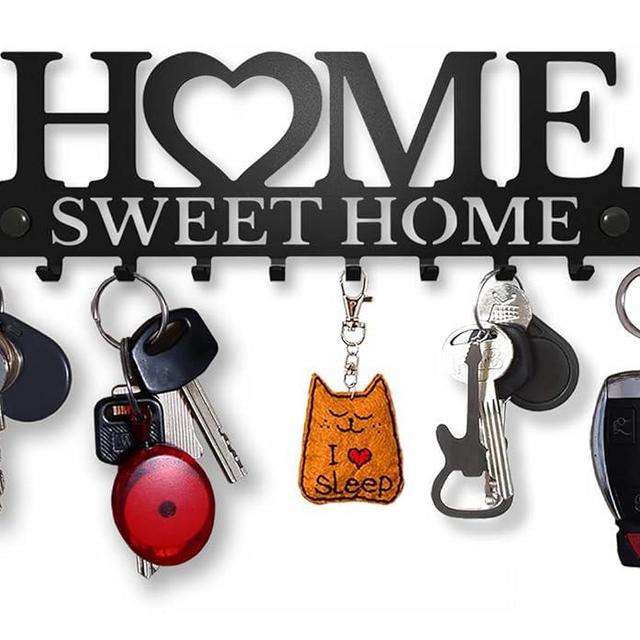 SirHoldeer Key Rack for Wall, Black Key Holder for Wall Decorative, Metal Wall Decor for Office, Hallway, Entryway, Key Hooks Hanging Keys, Small Key Hanger for Wall, Farmhouse Home Sweet Home Sign