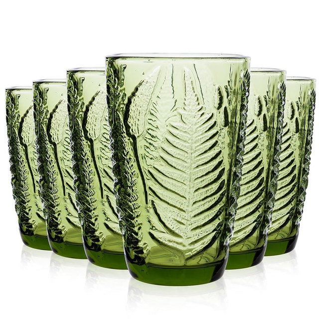 Fashionstorm Green Drinking Glasses Set of 6, Green Fern Embossed Highball Glasses 12 oz, Vintage Colored Glass Cups Glassware for Beverages Cocktail Juice Wine, Drinkware Gift Set Housewarming Gift