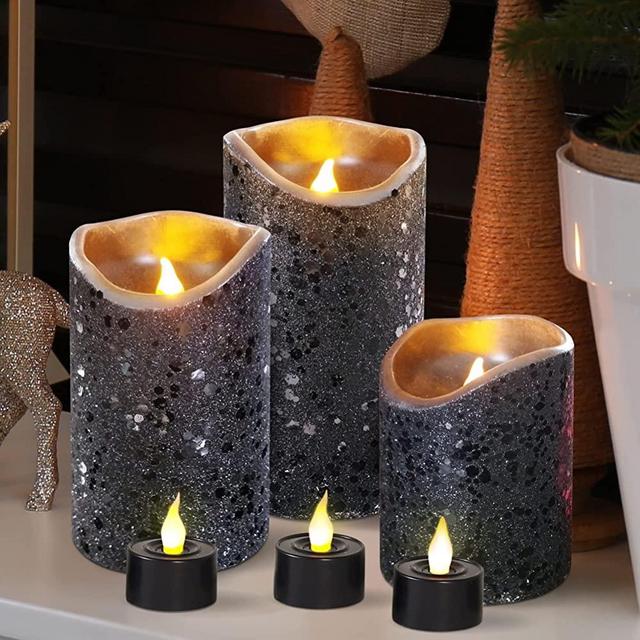 FURORA LIGHTING LED Flameless Candles - Set of 6 Battery-Operated Fake Candles with Realistic Flickering Tealights and Pillars - Black Glittery Finish - Ideal for Home Decor with Timer Function