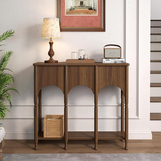 Topbele 40" Console Table with Storage Shelf, Retro 2-Tier Entryway Table, Wooden Sofa Table with Roman-Style Legs for Living Room, Hallway, Brown