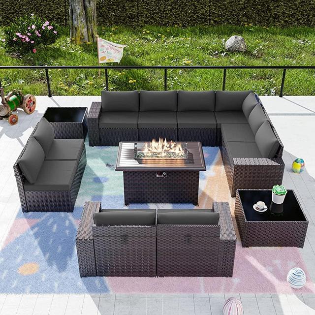 Kullavik 13 Pieces Outdoor Patio Furniture with 43" 55000BTU Gas Propane Fire Pit Table PE Wicker Rattan Sectional Sofa Patio Conversation Sets,Grey