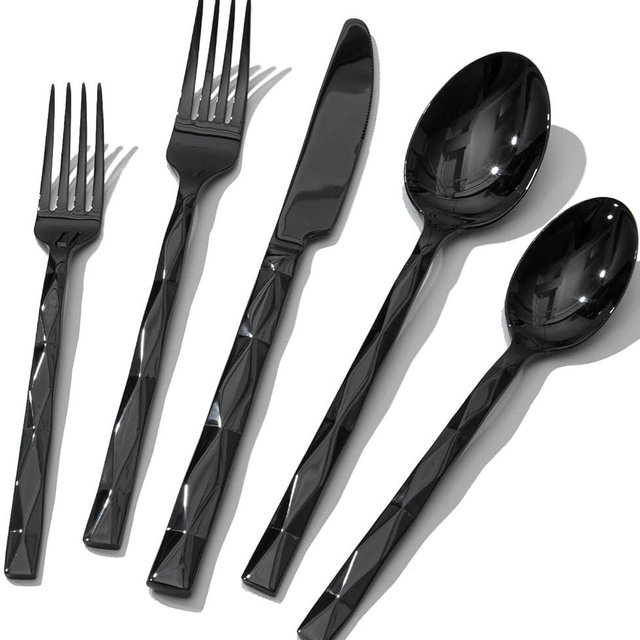 KINGSTONE Black Silverware Set, Luxury 60 Piece Flatware Set for, 18/10 Stainless Steel Cutlery Set with Diamond Cut Pattern for Kitchen, Home, Wedding, Party, Mirror Polished and Dishwasher Safe