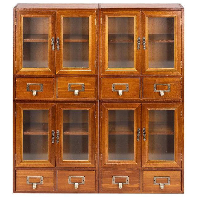 Set of 4 Mini Cupboards - Pantry Storage Cabinet - Dark Mahogany Wood Cabinets with Glass Doors and Shelves - Shelf Cabinet Storage Organization, Fully Assembled