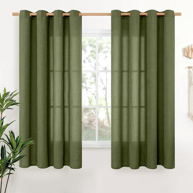 YoungsTex Olive Linen Curtains 63 Inch Length 2 Panels for Living Room Window, Dark Green Semi Sheer Drapes Light Filtering with Bronze Grommet for Bedroom Office Country, 52 X 63 Inch