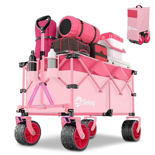 Sekey 220L Collapsible Foldable Wagon with 330lbs Weight Capacity, Heavy Duty Folding Utility Garden Cart with Big All-Terrain Beach Wheels & Drink Holders.Barbie Pink