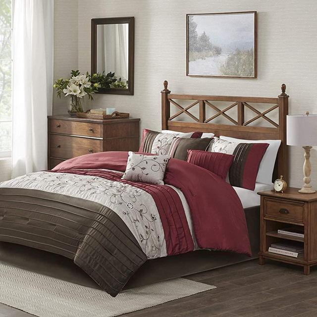 Madison Park Serene Comforter Reversible Solid Faux Silk Floral Flower Embroidered Pleated Stripes Patchwork Soft Down Alternative Hypoallergenic All Season Bedding-Set, King, Red