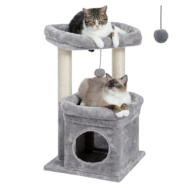 PEQULTI Cat Tree Cat Tower for Indoor Cats with Private Cozy Cat Condo, Natural Sisal Scratching Posts and Plush Pom-pom for Small Cats