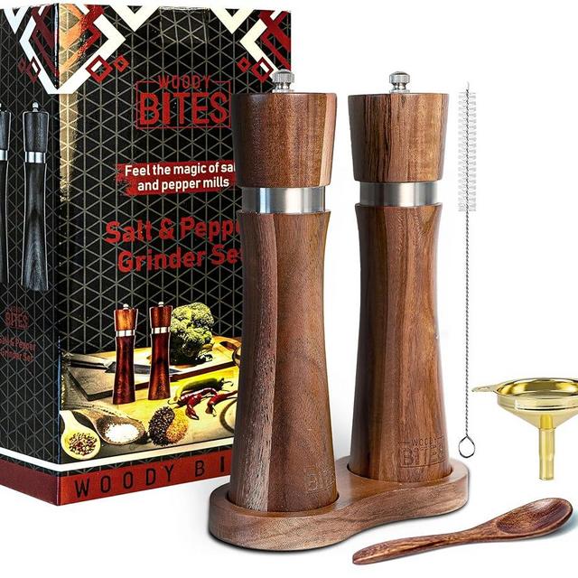 WoodyBites Salt and Pepper grinder set Manual, 8-inch Salt Pepper Grinder Set Refillable with Adjustable Coarseness, Durable Wooden Base, Gold Funnel, Spoon and Cleaning Brush