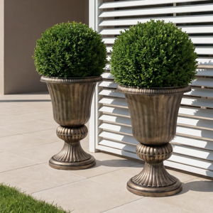 20" Urn Planters Weatherproof Polypropylene Outdoor Planters Pre-Drilled Drainage 14.5" Width Grecian Style (Set of 2) - Brown