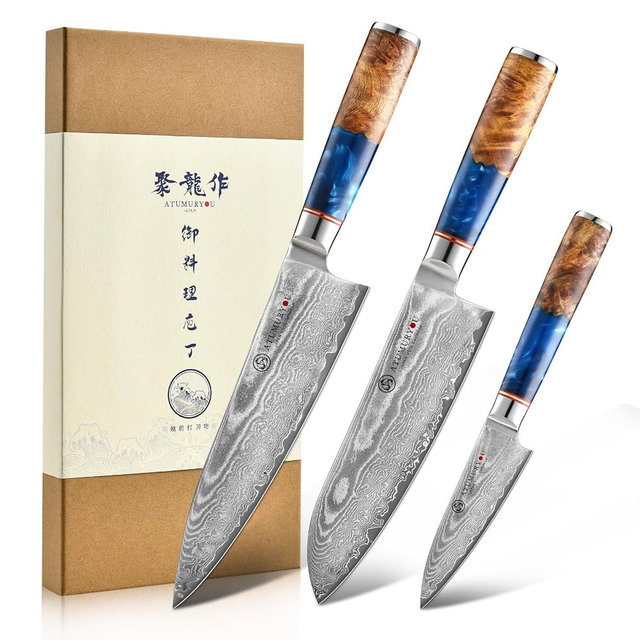 Japanese Chef Knife Set 3 Pcs, 67-Layer Damascus Kitchen Knife Set with VG10 Steel Core, Professional Sharp Damascus Knives with Ocean-Blue Ergonomic Handle, Include Elegant Cooking Gifts Box