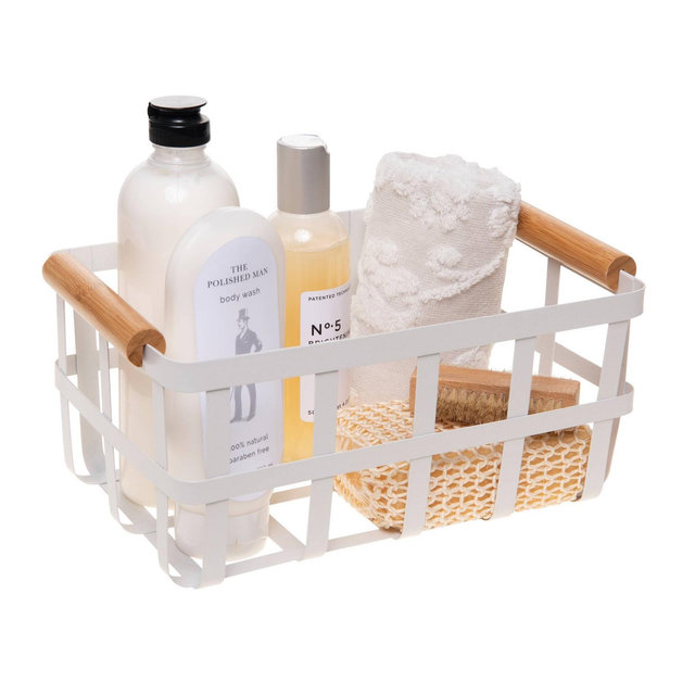 Large Metal Basket with Bamboo Handles White - Simplify