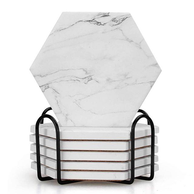 6 pcs Hexagon Absorbent Coaster Set with Holder Decorative White Marble Cup Coasters Cool Modern Drink Coasters Unique Ceramic Bar Coasters