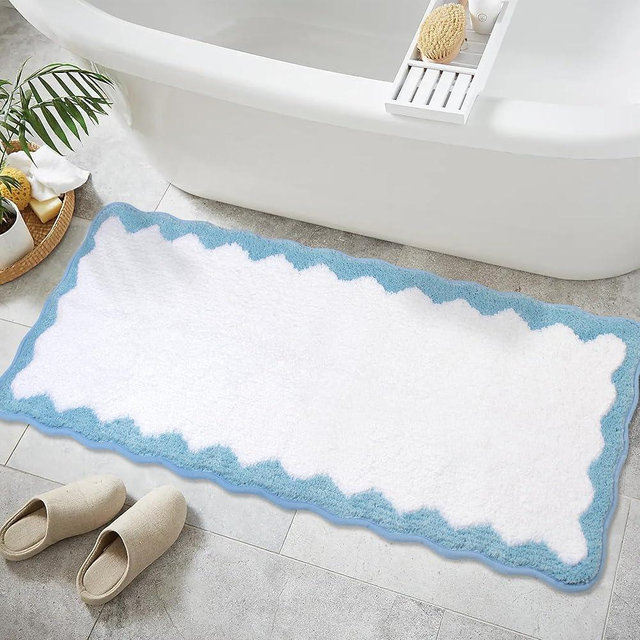 Bathroom Runner Rugs Non Slip 18" x 47" Luxury Microfiber Soft Long Scalloped Rug Cute Blue and White Bath Mat Fun Bathroom Rugs Washable Absorbent Funky Irregular Shaped Rug for Bedroom Aesthetic