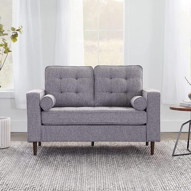 Edenbrook Lynnwood Upholstered Loveseat - Small Loveseat – Light Gray Loveseat - Living Room Furniture - Mid-Century Modern Loveseat - Includes Bolster Pillows