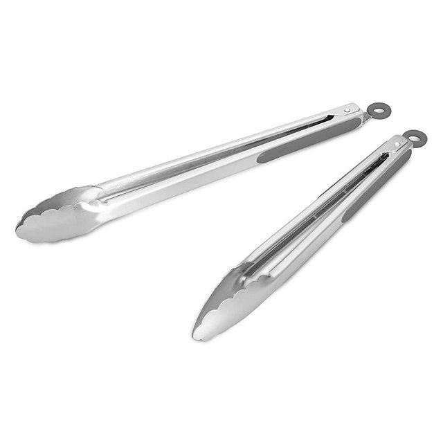 304 Stainless Steel Kitchen Cooking Tongs, 12" and 14" Set of 2 Sturdy Grilling Barbeque Brushed Locking Food Tongs with Ergonomic Grip, Grey