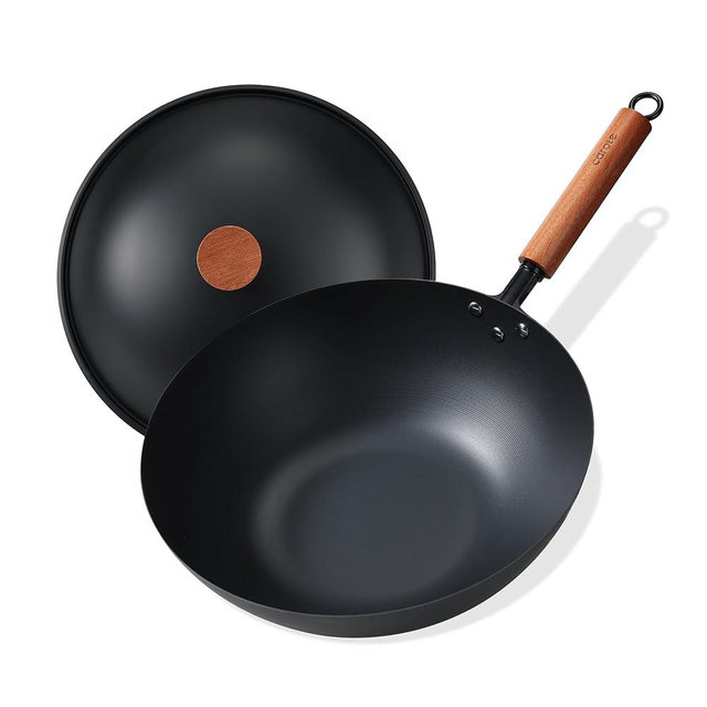CAROTE 12.5" Carbon Steel Wok Pan, 6.5QT Woks & Stir-fry Pans Nonstick, No Chemical Coated Pre-Seasoned Flat Bottom Wok with Lid for Stir Fry, Chinese Cast Iron Wok Cooking Pan All Stovetop Compatible
