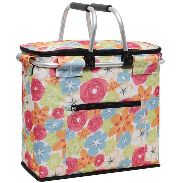 KEFOMOL Insulated Picnic Basket,40L Leak-Proof Cooler Bag,Grocery Basket with Lid,2 Sturdy Handles,Storage Basket for Picnic, Picnic Basket for 4 Persons (Flower)