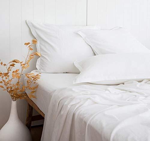 PANDATEX Ultra Comfortable Linen Textured 55% Bamboo 45% Cotton Sheets Set, White Queen Size, Cool & Moisture Wicking Breathable & Durable, Naturally Organic Fit Mattress 16" Deep Pocket