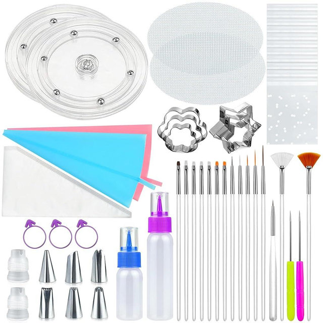 112 PCS Cookie Decorating Kit Supplies Including Acrylic Turntable Brushes Scribe Needle Bags Icing Bottle for Cookie Cupcake Cake Decoration