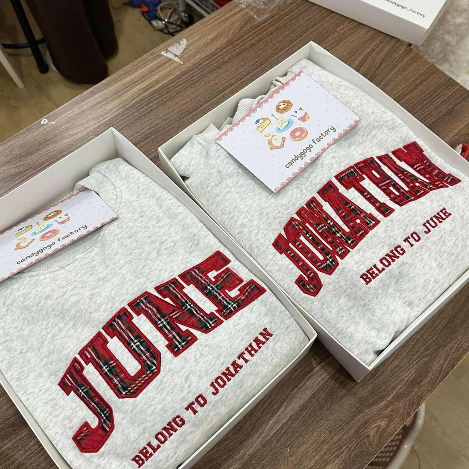 👕 Matching couple sweatshirts made by Giang (June’s best friend for 22 years)