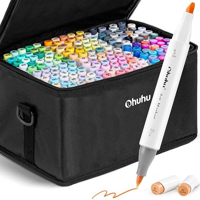 Ohuhu Alcohol Brush Markers - 168-color Art Marker Set Double Tipped Alcohol-based Markers for Artist Adults Coloring Illustration -Brush & Chisel - Comes w/ 1 Alcohol Marker Blender - Honolulu Series