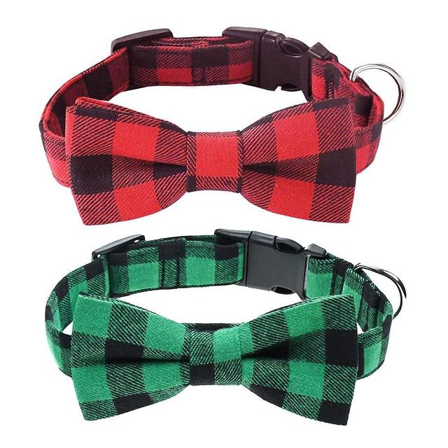 Malier 2 Pack Dog Collar with Bow tie, Christmas Classic Plaid Pattern Dog Collar with Light Adjustable Buckle Suitable for Small Medium Large Dogs Cats Pets (Large, Red + Green)