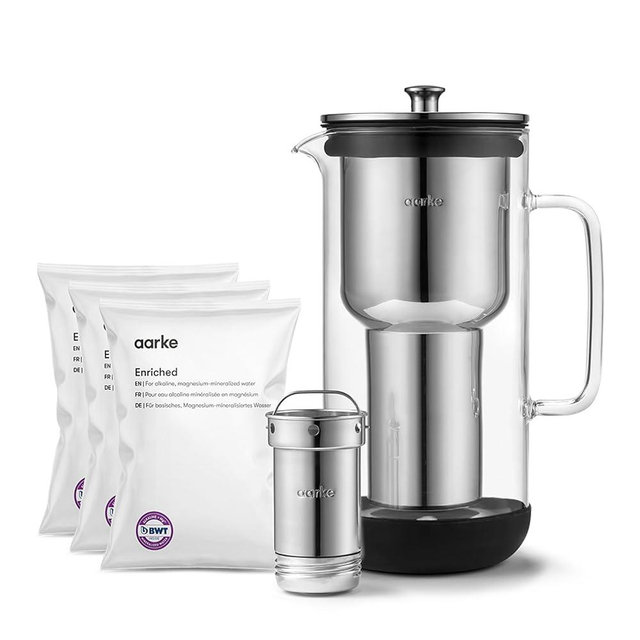 Aarke Purifier Regular Glass Pitcher Bundle w/Steel Filter, BPA-Free, 3 Enriched + 1 Pure Granules, 2.4L Pitcher with 1.18L Filtration Capacity