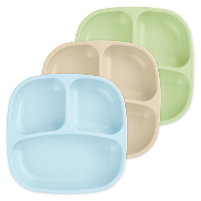 Re-Play Toddler Plates with Dividers - Deep-Walled 3 Compartments Divided Plates for Kids - Dishwasher & Microwave Safe - Made in USA - Set of 3-7.37" x 7.37" x 1.25" - Beach Baby