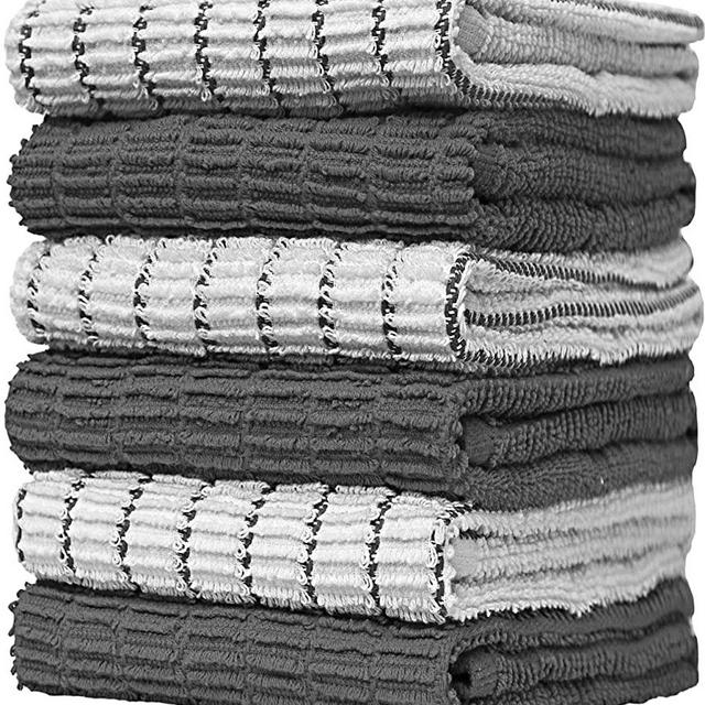 Premium Kitchen Towels (16”x 28”, 6 Pack) – Large Cotton Kitchen Hand Towels –Chef Weave Design– 380 GSM Highly Absorbent Tea Towels Set with Hanging Loop – Grey