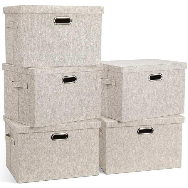 Graciadeco Large 17" 36 Quart Collapsible Stackable Storage Bins with Lids, 5 Packs Beige Linen Fabric Closet Boxes with Lids, Storage Cube Baskets Container Organizers for Bedroom Office(17 x12 x11)