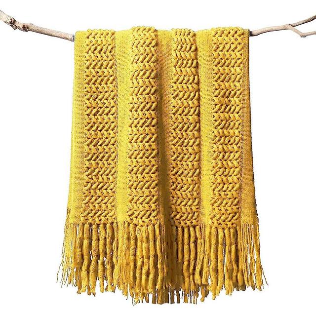 lifein Knitted Yellow Throw Blanket for Couch - Soft Spring Farmhouse Boho Throws, Cozy Waffle Knit Small Lightweight Blankets&Throws with Tassels for Home Decor,Bed,Chair,Sofa (Mustard, 50 * 60'')