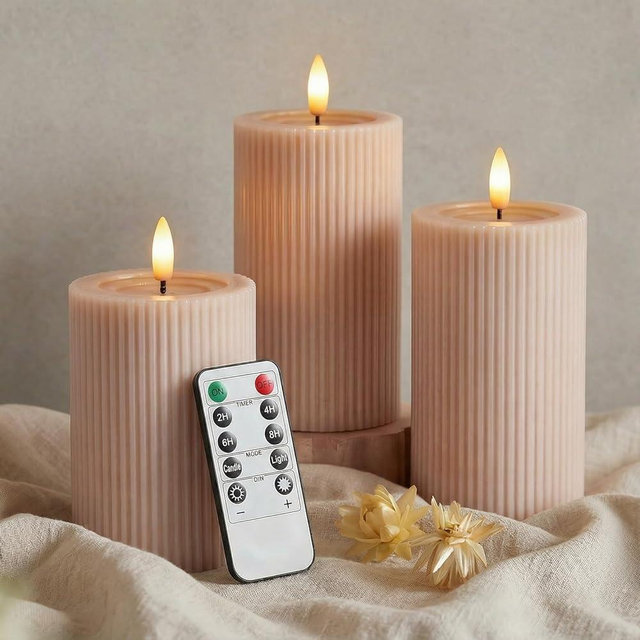 WYZworks Fluted Ribbed LED Pillar Candles, Blush Beige, with Realistic Reflective Melted-Wax Effect – Flickering Flame, Remote, Dimmable, Flameless, Battery Operated, Home & Wedding Decor (Set of 3)