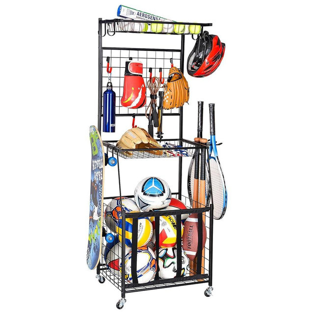 PLKOW Sports Equipment Storage for Garage, Indoor/Outdoor Sports Rack for Garage, Ball Storage Garage Organizer with Basket and Hooks,Toy/Sports Gear Storage