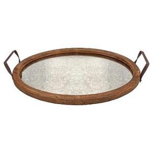Stonebriar Oval Rustic Wooden Tray with Distressed Mirror
