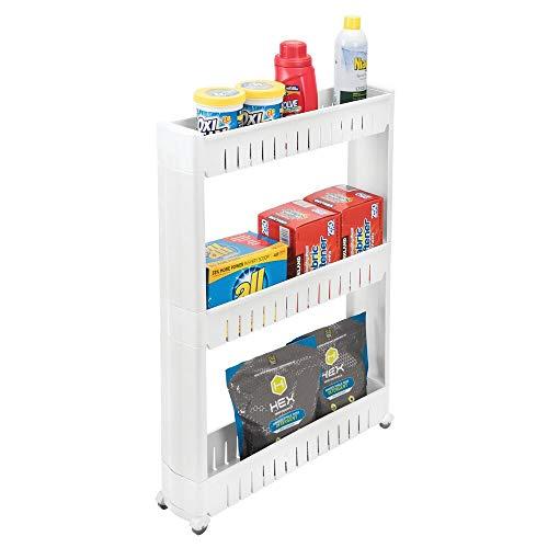 mDesign Portable Slim Plastic Rolling Laundry Utility Cart Organizer Trolley - Easy-Glide Wheels and 3 Heavy-Duty Shelves, for Laundry, Utility Room, Kitchen or Pantry Storage - White