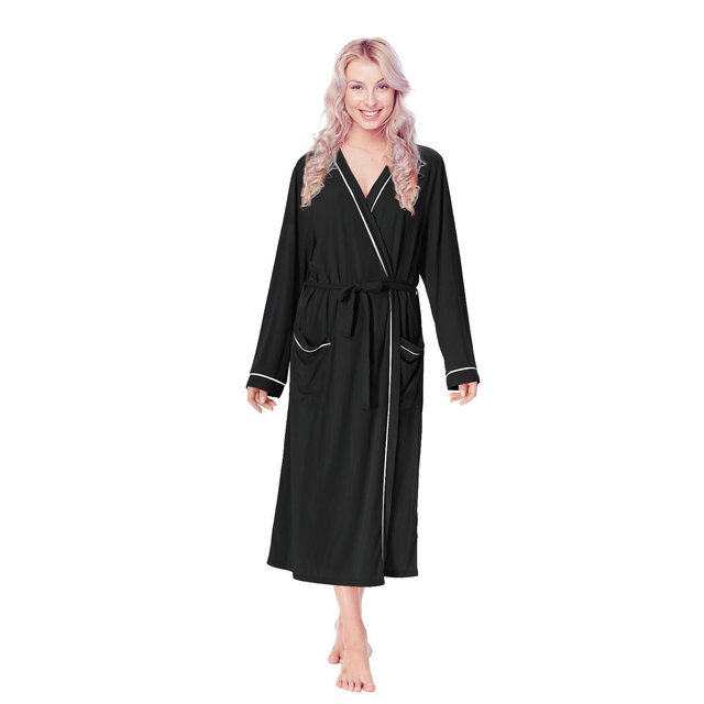 Tirrinia Womens Comfy Lightweight Summer Long Robe, Ultra-Soft Breathable Bathrobe with Pockets, Shawl Collar Women Matching Robes, Black Medium