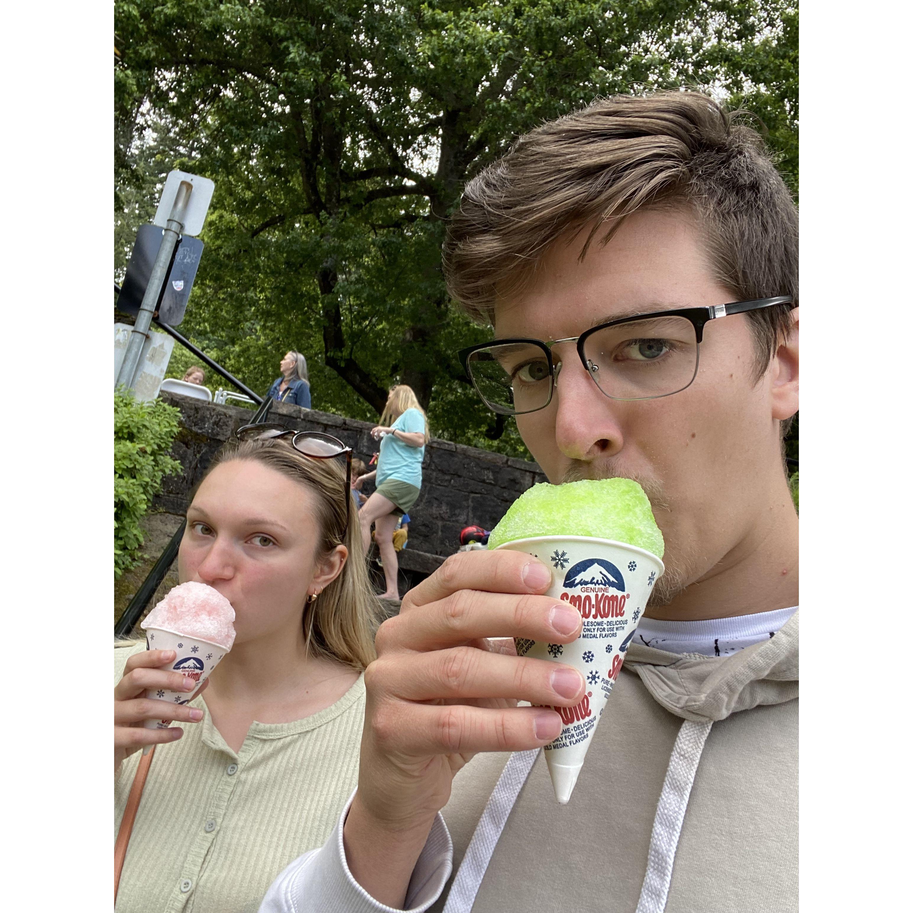 Enjoying shaved ice after a long hard day in the Portland International Rose Test Garden.