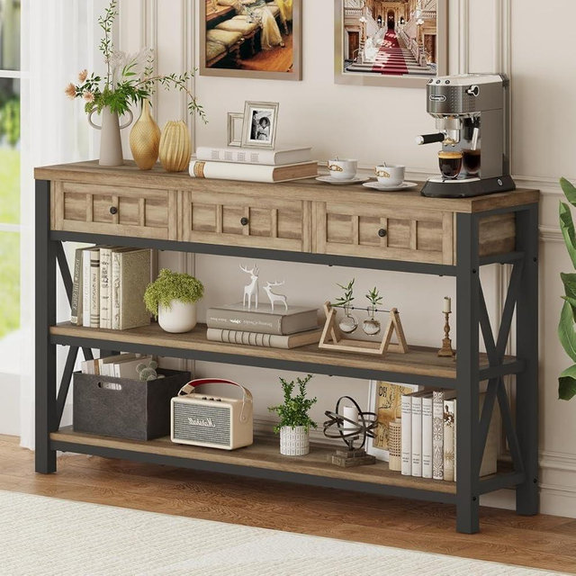 FATORRI Industrial Console Table for Entryway, Rustic Sofa Table with 3 Drawers for Living Room, Farmhouse Hallway Tables and Couch Tables Behind Sofa (54.72 Inch Long, Rustic Oak)