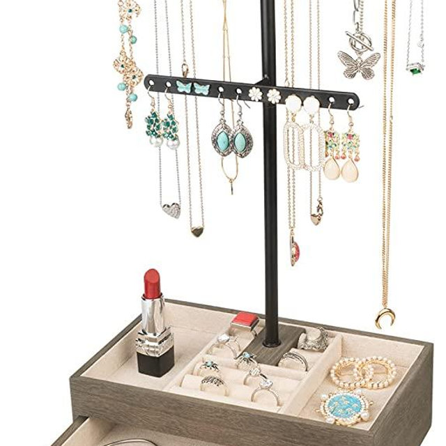 Meangood Jewelry Organizer Stand, 3-Tier Jewelry Tree Necklace Holder with Wooden Storage Drawer Box for Bracelet Earring Ring, Weathered Grey