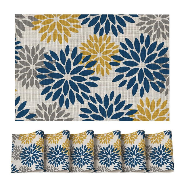 Artoid Mode Floral Vinyl Placemats Set of 6, Heat Resistant Washable Non-Slip Plistic PVC Place Mats for Party Kitchen Dining Decor, Blue Yellow