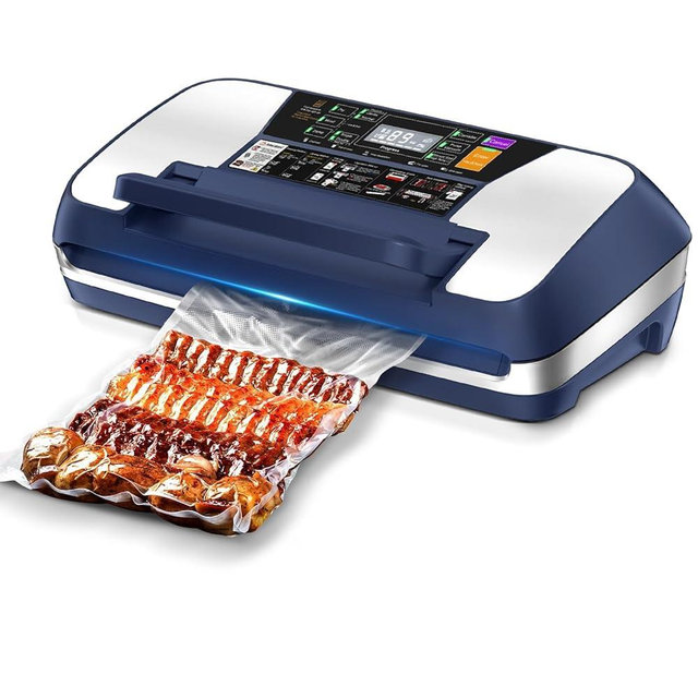 95kpa Vacuum Sealer Machine, Commercial Full Automatic Food Sealer, Vacuum Sealer for Food with Cutter, 10 Pre-cut Bags & Bag Rolls and Accessory Hose, Fully Starter Kits, Dark Blue
