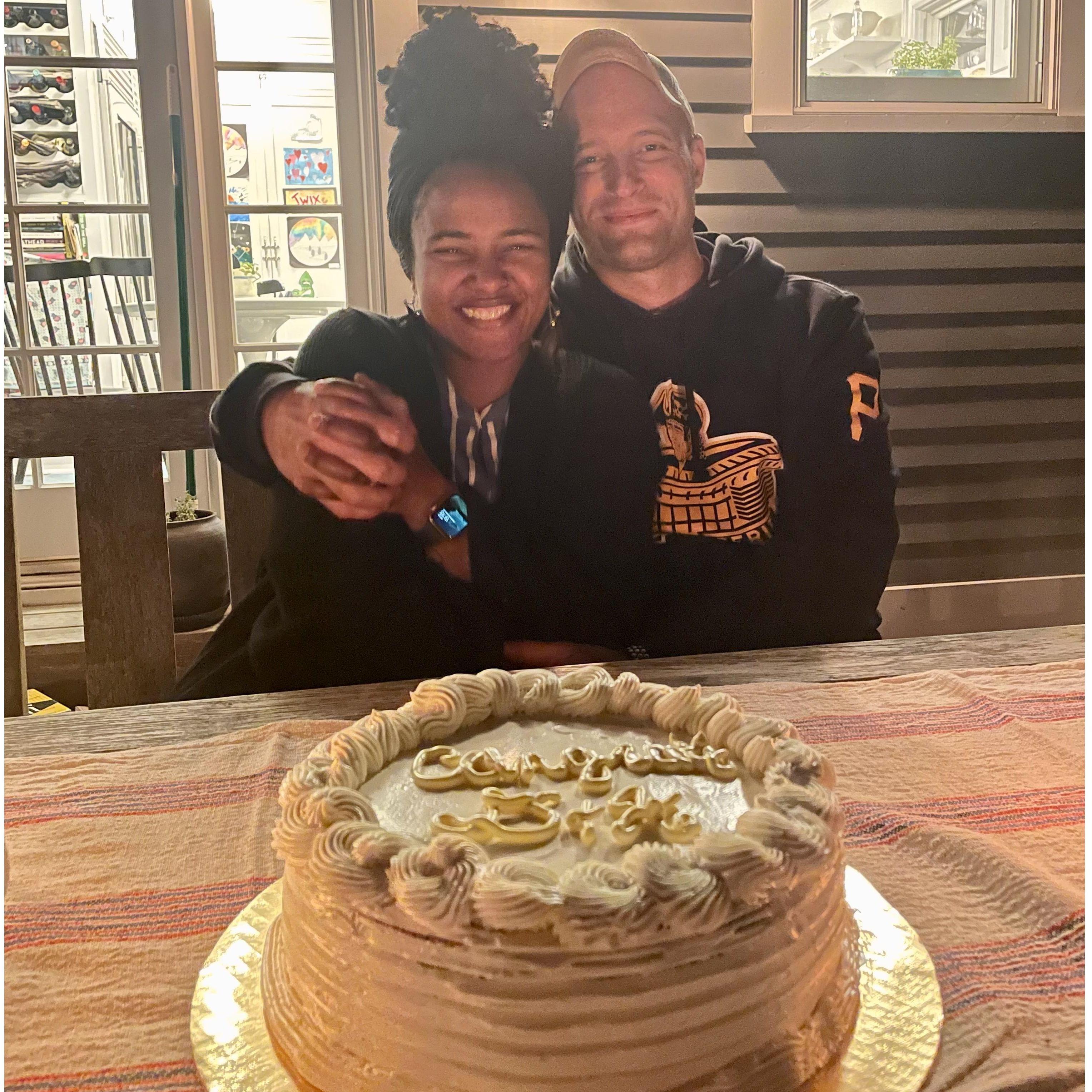 Celebrating our engagement with a delicious cake made by Drew's sister, Alicia!